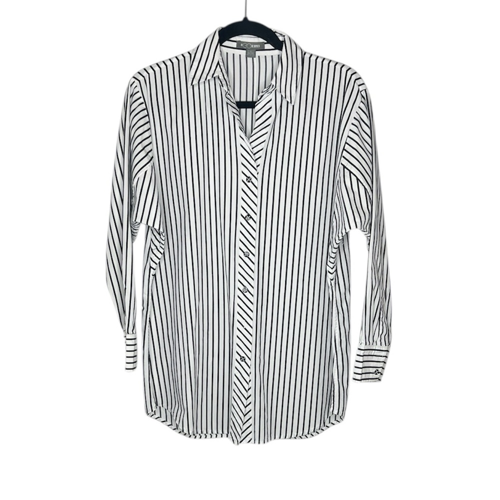 GO SILK 100% Cotton Big Shirt with black and white vertical stripes size Small